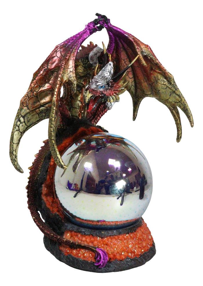 Metallic Red Gold Armored Dragon On Volcano Lava Rock With LED Optic Ball Statue