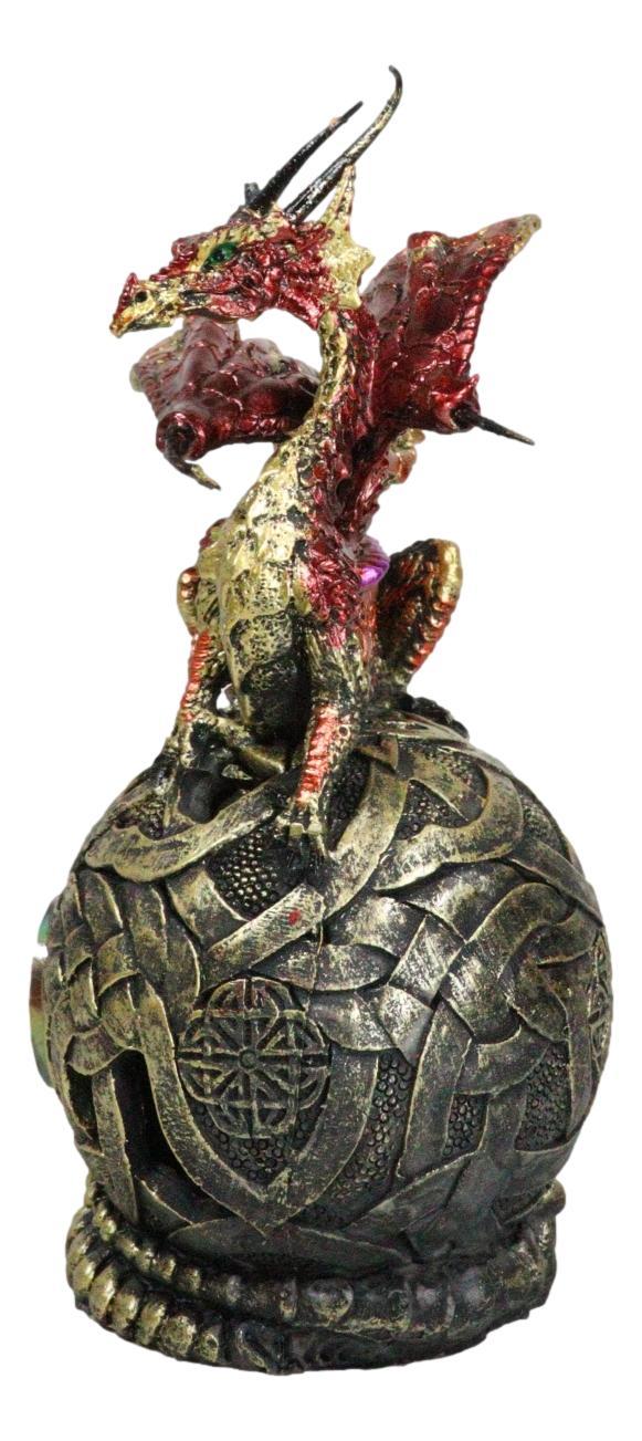 Metallic Red Volcano Dragon Perching On Colorful LED Orb Night Light Figurine