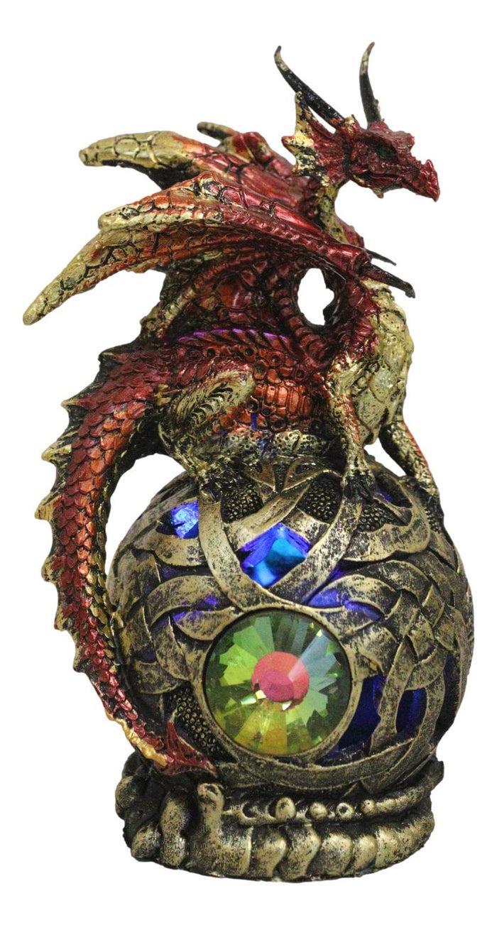 Metallic Red Volcano Dragon Perching On Colorful LED Orb Night Light Figurine