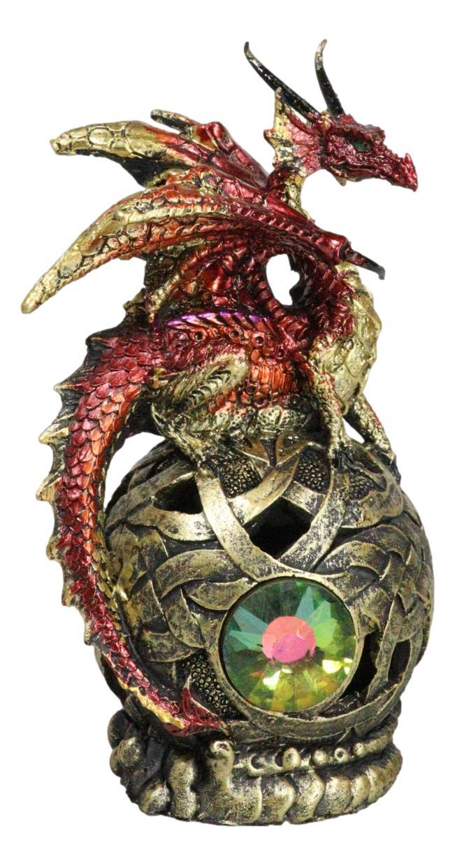 Metallic Red Volcano Dragon Perching On Colorful LED Orb Night Light Figurine