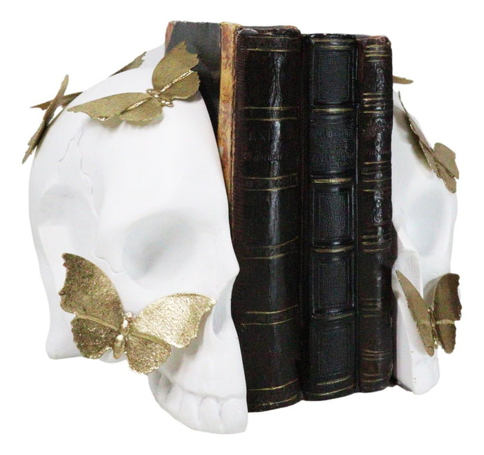 Metamorphosis Golden Butterflies On White Skull Halves Figurine Bookends Set Metamorphosis Golden Butterflies On White Skull Halves Figurine Bookends Set