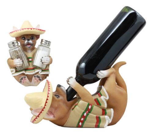 Mexican Poncho Sombrero Chihuahua Dog Wine And Salt Pepper Shaker Holder Statues