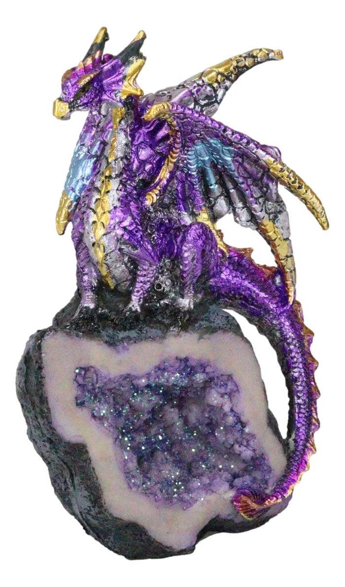 Midnight Space Purple Iridescent Dragon On Faux Geode Rock Crystal Cove Figurine