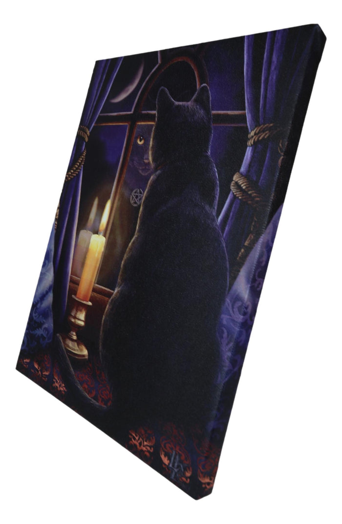 Midnight Vigil Black Cat By Window With Candle Wood Framed Canvas Wall Decor