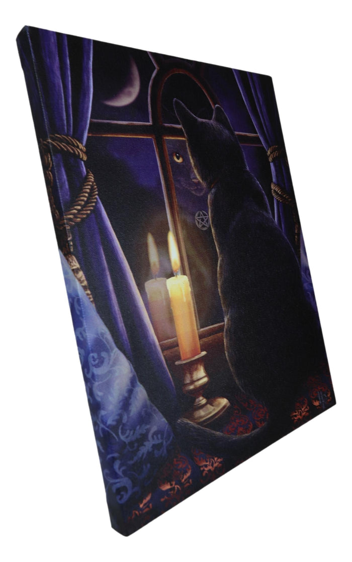 Midnight Vigil Black Cat By Window With Candle Wood Framed Canvas Wall Decor