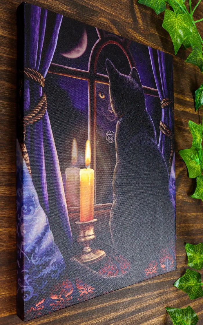 Midnight Vigil Black Cat By Window With Candle Wood Framed Canvas Wall Decor