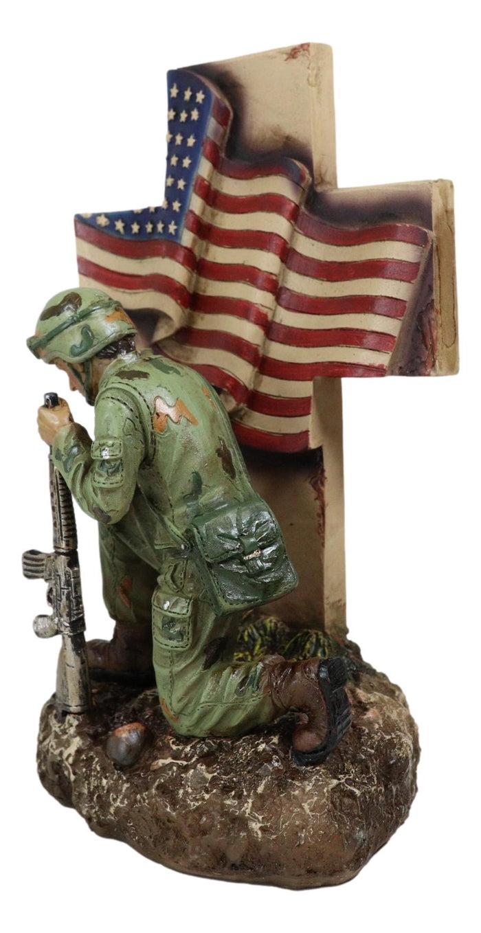 Military War Hero Soldier With Rifle By American Flag Cross Memorial Figurine