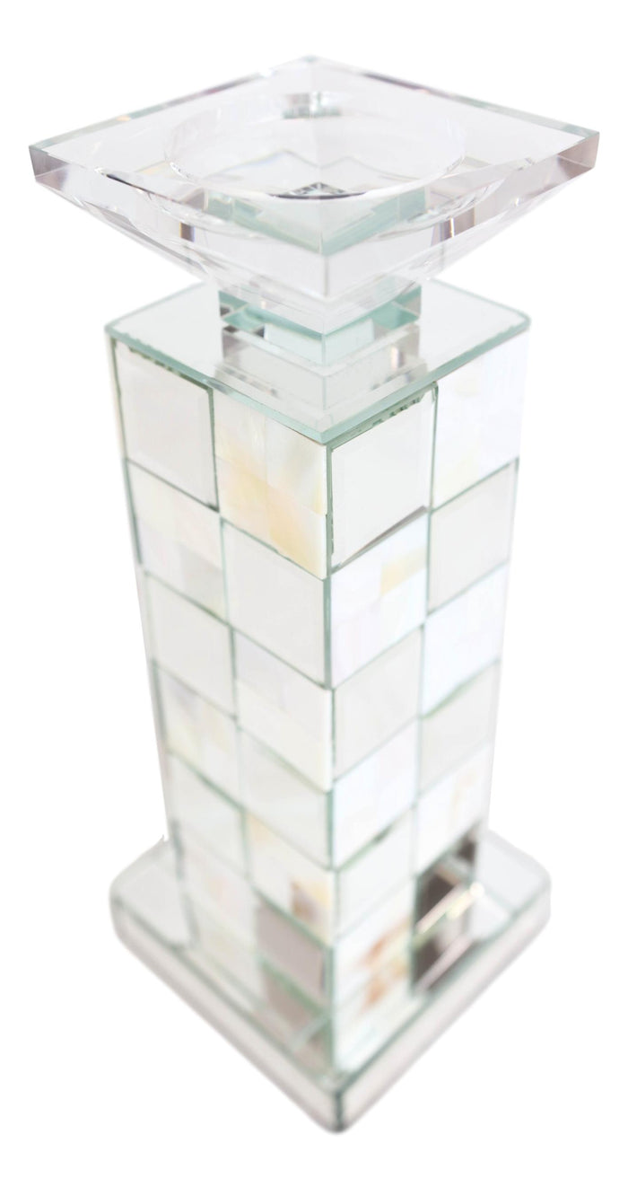 Modern Beveled Mirrors Capiz Shells Checkered Pillar Candle Holder Decor 15"