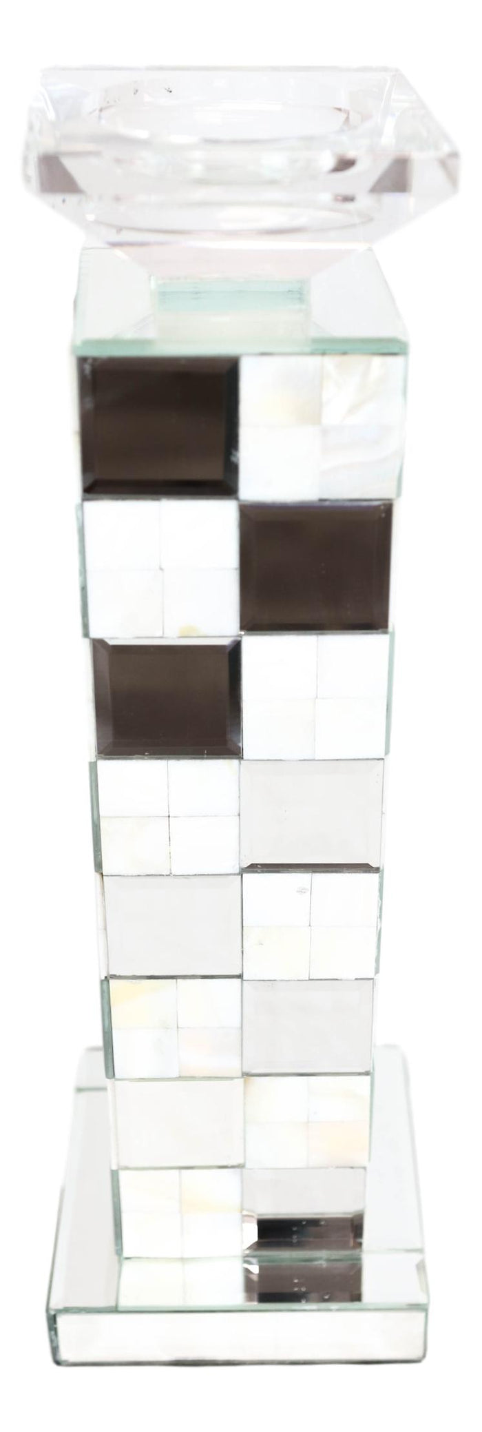 Modern Beveled Mirrors Capiz Shells Checkered Pillar Candle Holder Decor 15"