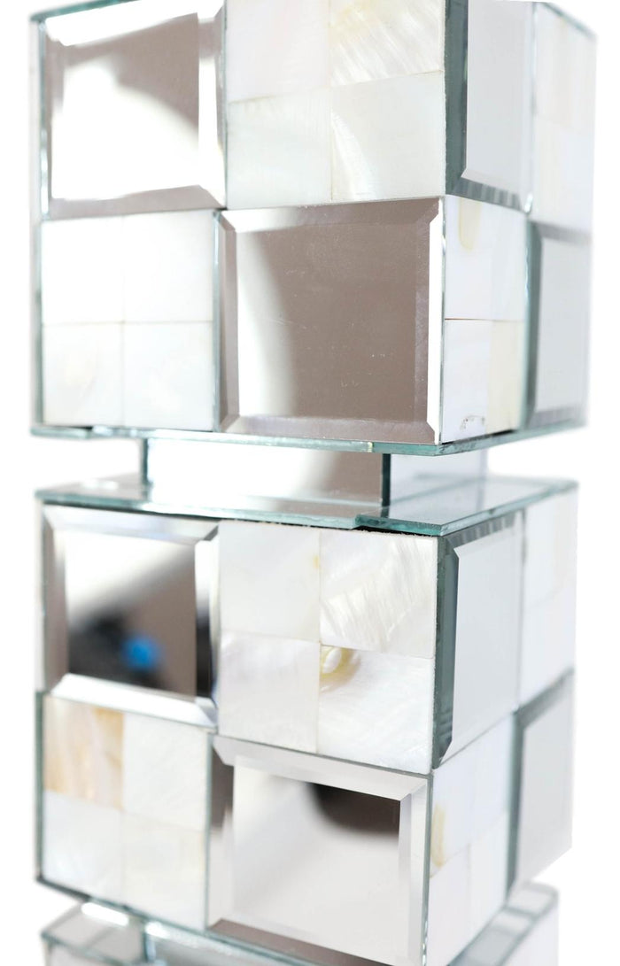 Modern Beveled Mirrors Capiz Shells Checkered Pillar Candle Holder Decor 18"