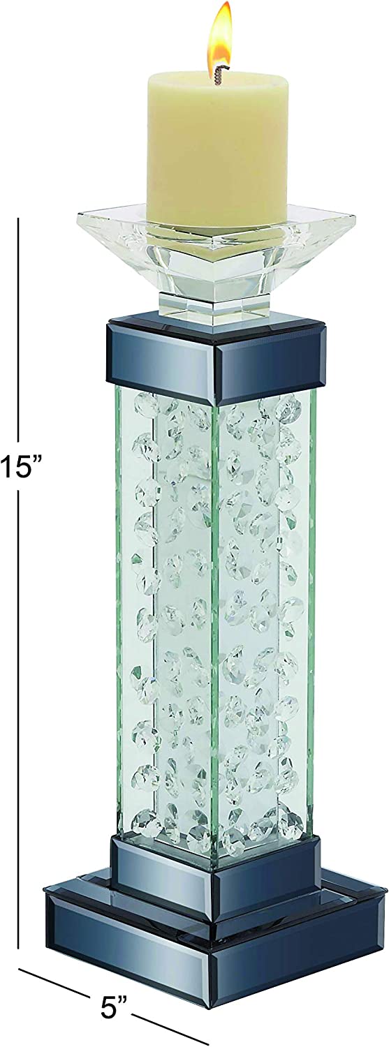 Modern Chic Beveled Floating Crystals Glass And Metal Pillar Candle Holder 15"H