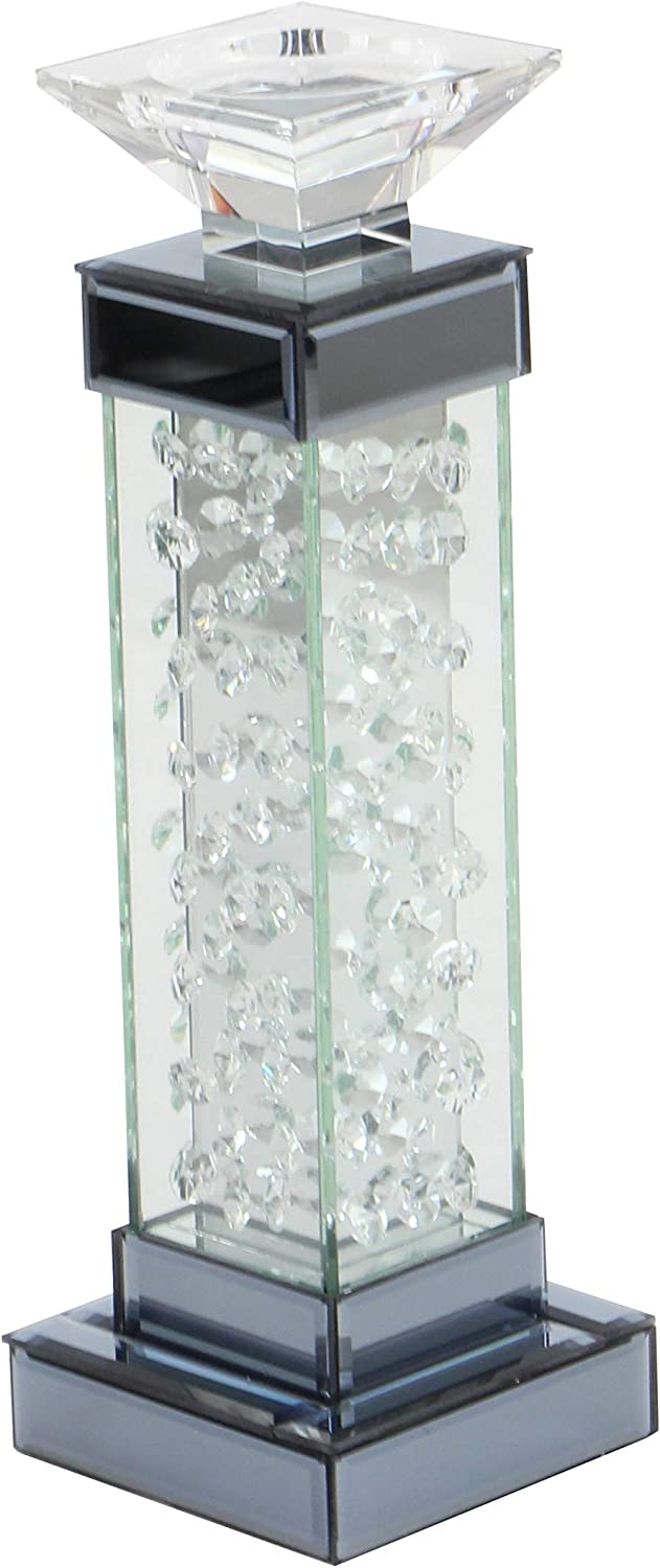 Modern Chic Beveled Floating Crystals Glass And Metal Pillar Candle Holder 15"H