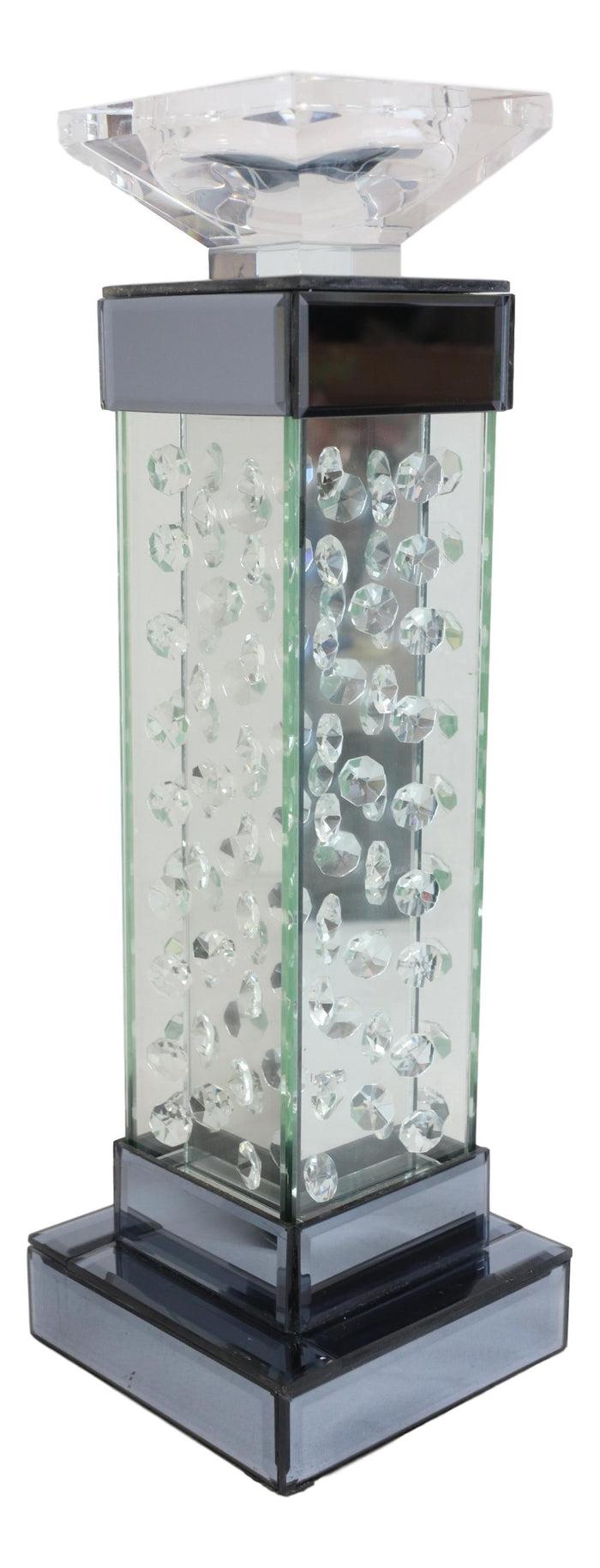 Modern Chic Beveled Floating Crystals Glass And Metal Pillar Candle Holder 15"H