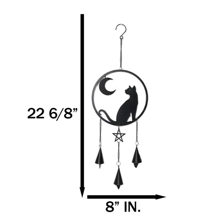 Moon Gazer Black Cat With Crescent Moon Pentagram Wall Hanging Decoration Chime