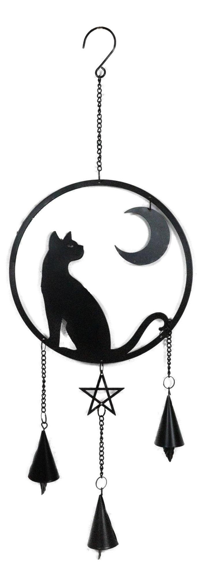 Moon Gazer Black Cat With Crescent Moon Pentagram Wall Hanging Decoration Chime