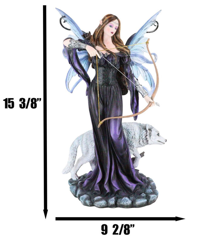 Moon Goddess Artemis Fairy With White Snow Wolf Drawing Bow And Arrow Statue