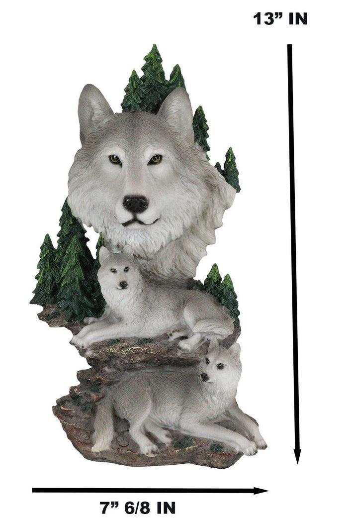 Mountain Scenery Gray Wolf Family Statue Timber Wolf Pack On Rocks 13"H Figurine