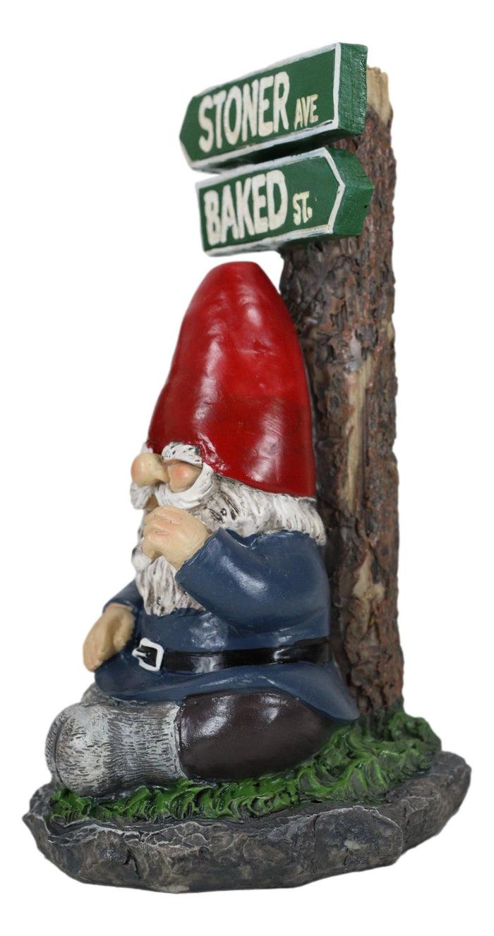 Mr Gnome Dwarf Stoner Smoking Stash Sitting By 'High' Way Crossroads Figurine
