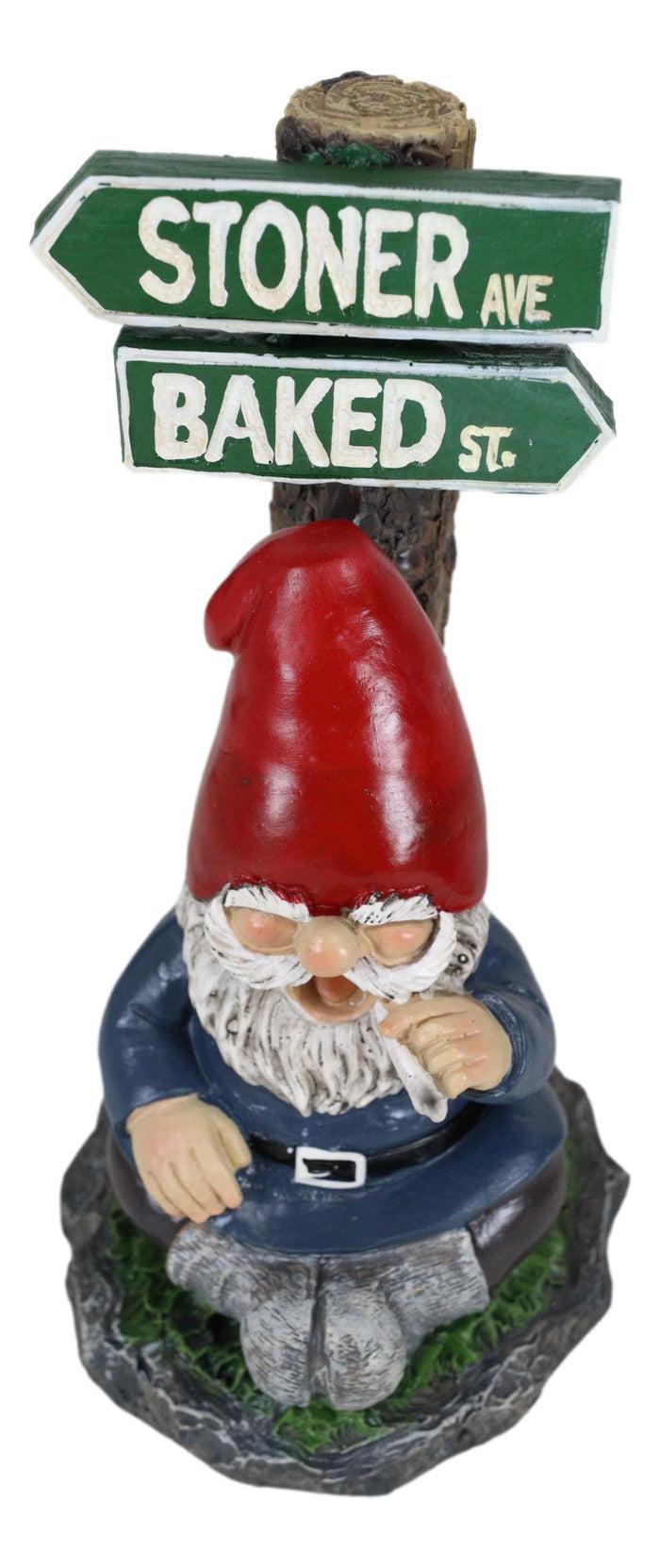 Mr Gnome Dwarf Stoner Smoking Stash Sitting By 'High' Way Crossroads Figurine