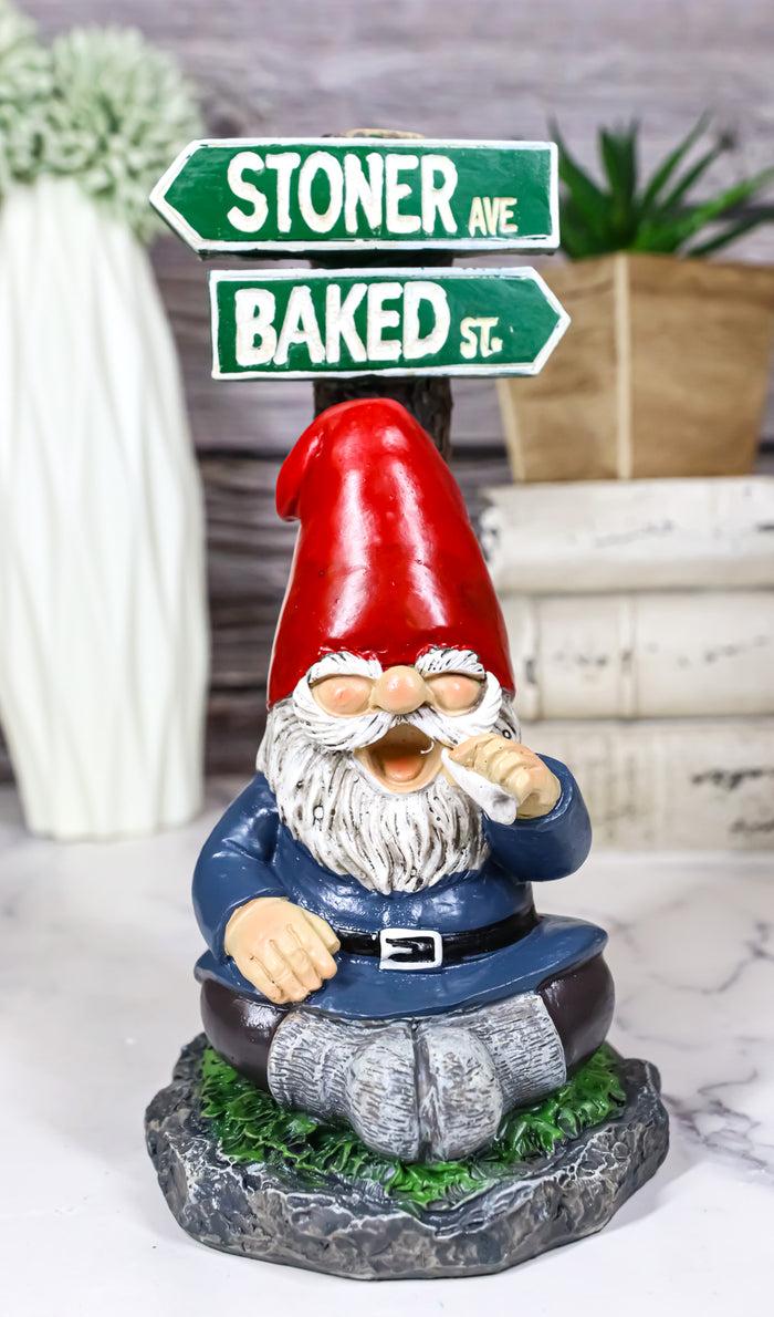 Mr Gnome Dwarf Stoner Smoking Stash Sitting By 'High' Way Crossroads Figurine