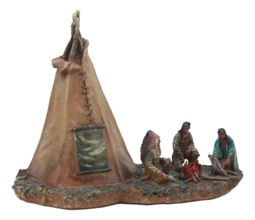 Native American Indian Chief And Elders Building Fire By LED Tipi Tent Statue