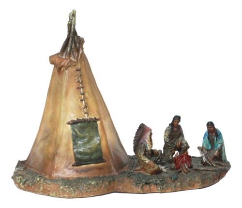 Native American Indian Chief And Elders Building Fire By LED Tipi Tent Statue