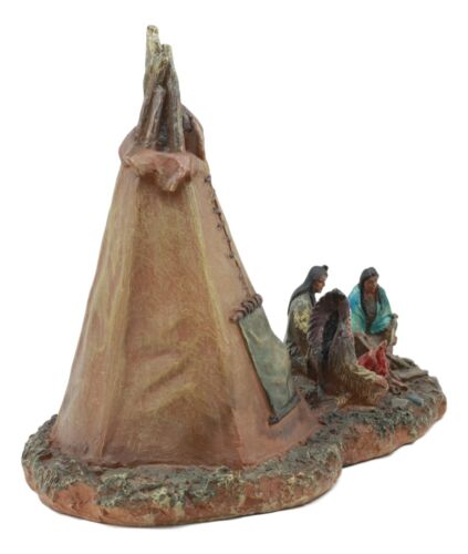 Native American Indian Chief And Elders Building Fire By LED Tipi Tent Statue