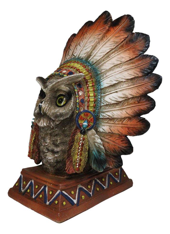 Native American Indian Great Horned Owl Chief With Roach Headdress Figurine