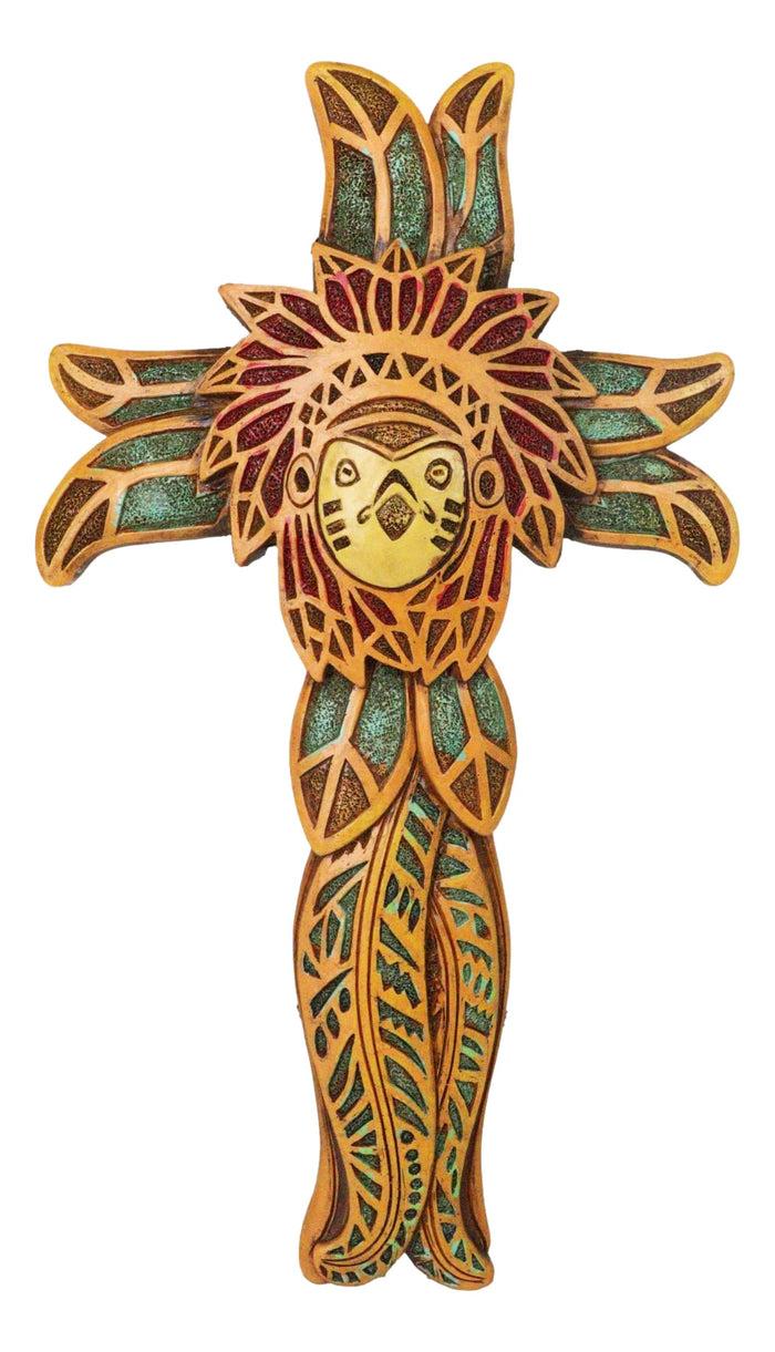 Native American Indian Owl Chief with Headdress Floral Faux Wooden Wall Cross