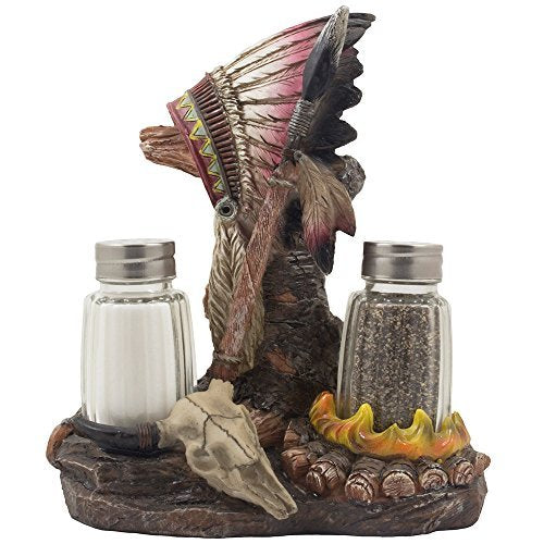 Native Indian Chief Headdress Bull Skull Salt Pepper Shakers Holder Figurine Native Indian Chief Headdress Bull Skull Salt Pepper Shakers Holder Figurine