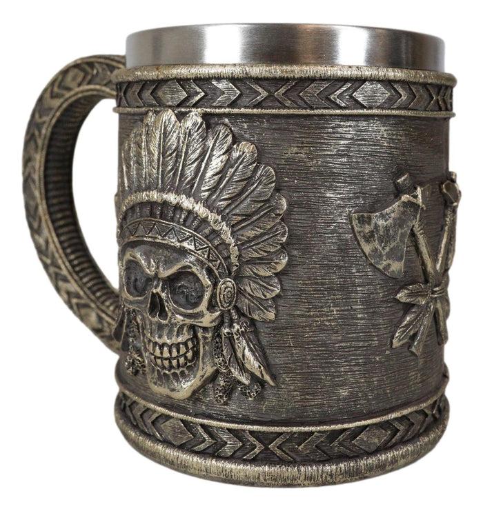 Native Indian Chief With Headdress Roach Skull And Crossed Axes Coffee Mug Cup