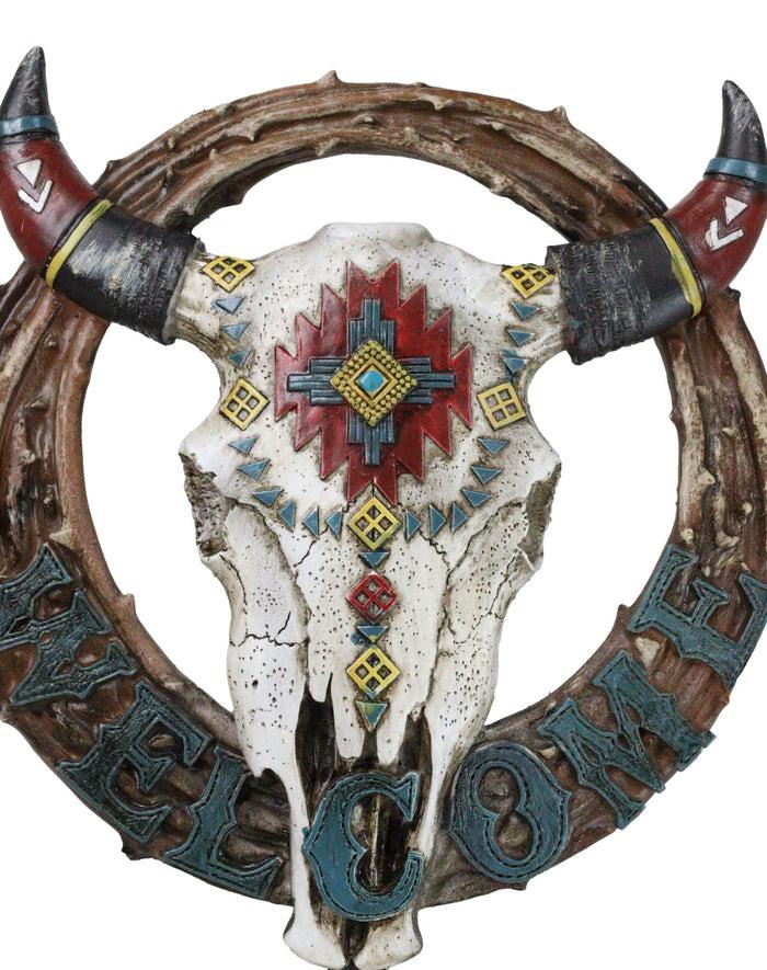 Native Indian Cow Skull With Colorful Navajo Vectors Welcome Wreath Wall Sign
