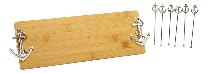 Nautical Anchors Bamboo Cheese Board 16"by5" & 6 Stainless Steel Picks Gift Set