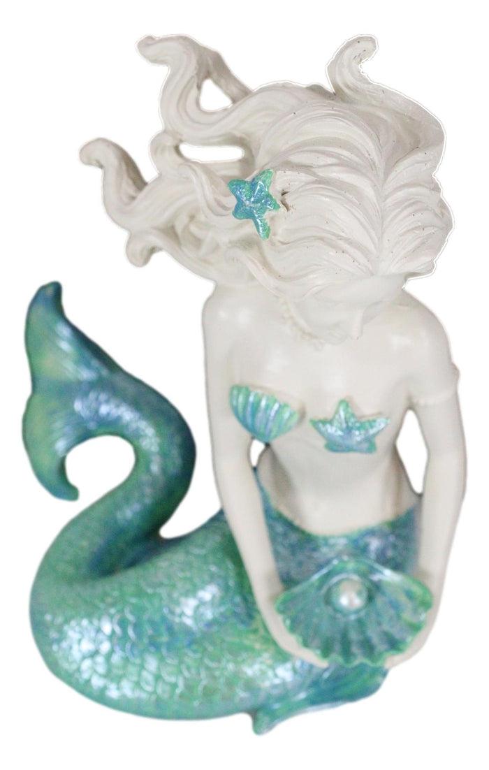 Nautical Aqua Capiz Blue Tailed Mermaid Holding Pearl In Clam Shell Figurine