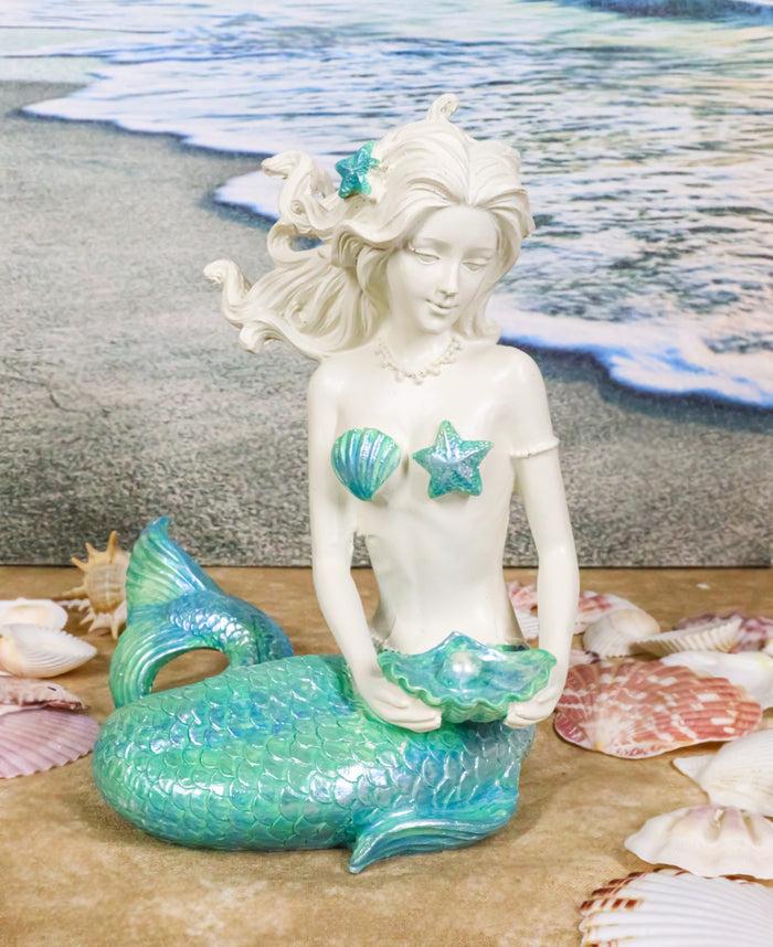 Nautical Aqua Capiz Blue Tailed Mermaid Holding Pearl In Clam Shell Figurine