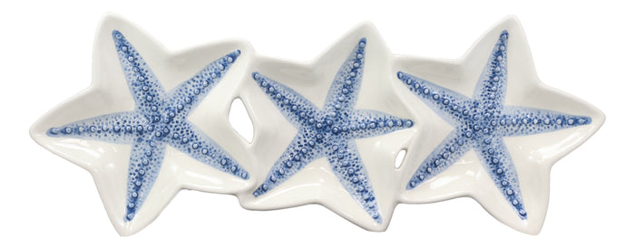 Nautical Blue 3 Starfish Sea Stars Ceramic Appetizer Dessert Plate Platter 16.5"