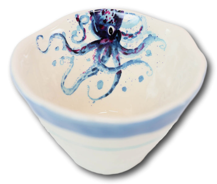 Nautical Blue And White Octopus Cereal Small Rice Soup Ceramic Bowls Pack Of 2