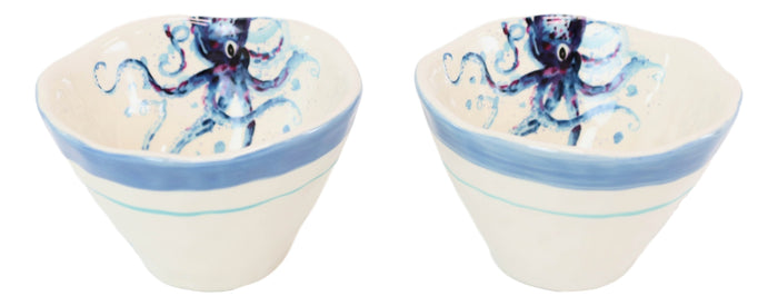 Nautical Blue And White Octopus Cereal Small Rice Soup Ceramic Bowls Pack Of 2