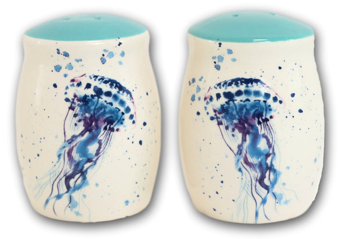 Nautical Blue Sea Jellyfish Splashing Bubbles Ceramic Salt Pepper Shakers Set