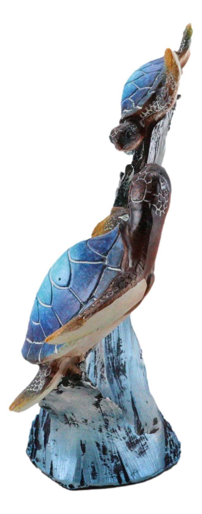 Nautical Blue Sea Turtle And Baby Swimming By Ocean Currents And Waves Figurine