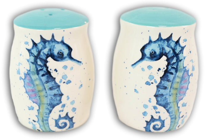 Nautical Blue White Seahorse With Bubbles Ceramic Salt And Pepper Shakers Set
