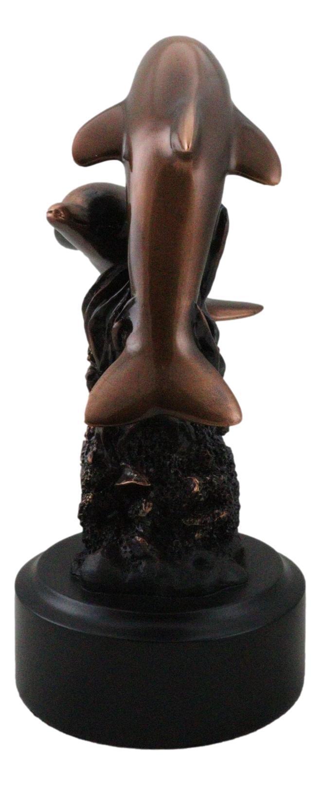 Nautical Dolphins Swimming By Ocean Coral Reef Tower Bronzed Resin Figurine
