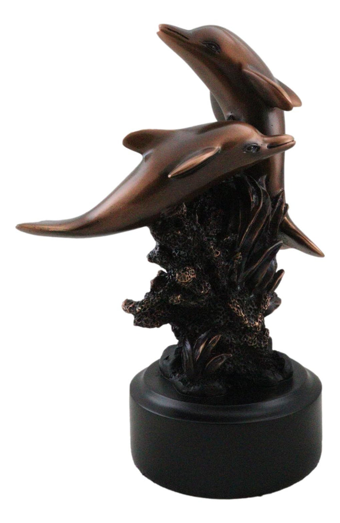 Nautical Dolphins Swimming By Ocean Coral Reef Tower Bronzed Resin Figurine