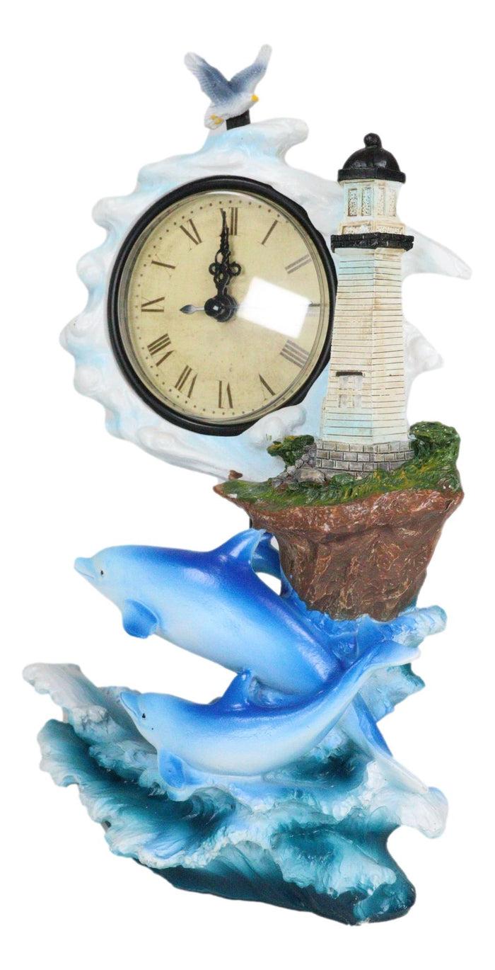 Nautical Marine Bottlenose Dolphins Family In Waves By Lighthouse Table Clock