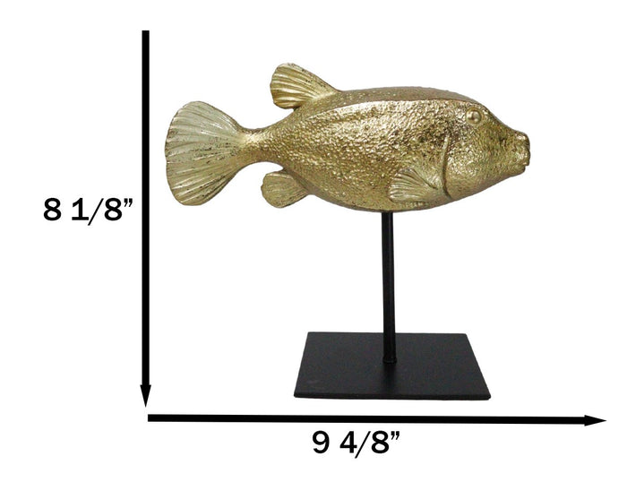 Nautical Marine Gold Tone Yellow Boxfish Fish Sculpture With Museum Pole Stand