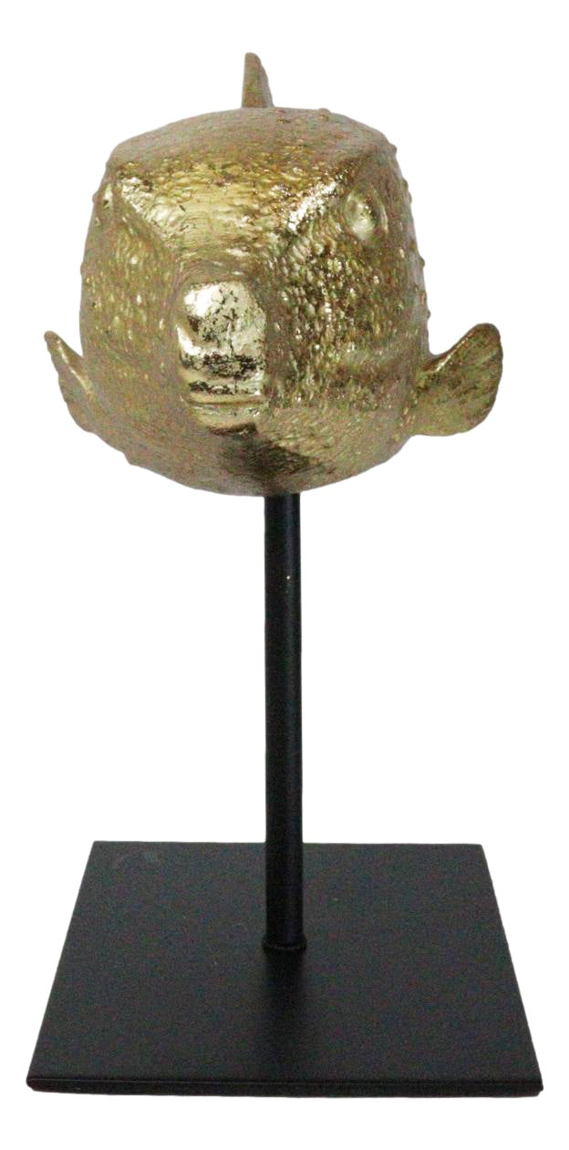 Nautical Marine Gold Tone Yellow Boxfish Fish Sculpture With Museum Pole Stand