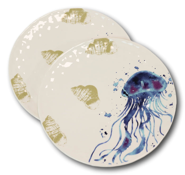 Nautical Marine Ocean Jellyfish Ceramic Salad Dessert Appetizer Plates Pack Of 2