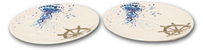 Nautical Marine Ocean Jellyfish Ship Helm Ceramic Round Dinner Plates Pack Of 2