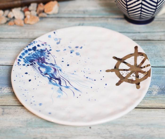 Nautical Marine Ocean Jellyfish Ship Helm Ceramic Round Dinner Plates Pack Of 2