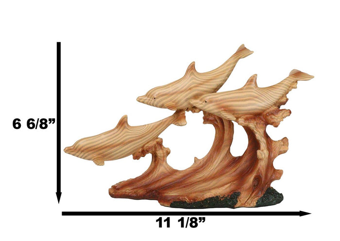 Nautical Marine Sea Ocean 3 Dolphins Swimming With Waves Faux Wood Figurine